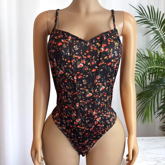 OMAYRA Tops - Black Boho Floral Print Spaghetti Straps Bodysuit